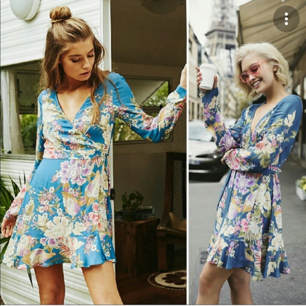 Spell Blue Skies Wrap Mini Dress with Long Sleeves